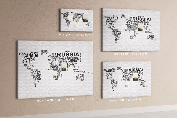 Korková tabuľa Mapa sveta s názvami krajín.