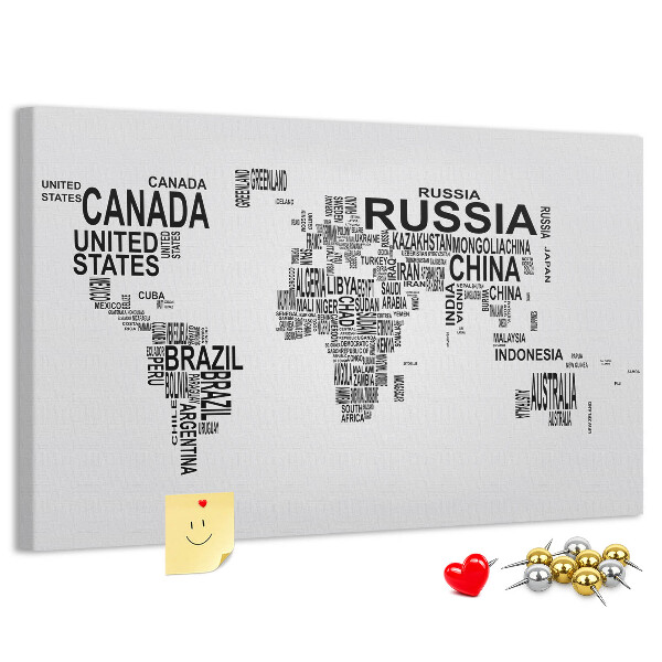 Korková tabuľa Mapa sveta s názvami krajín.