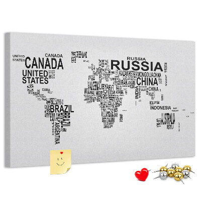 Korková tabuľa Mapa sveta s názvami krajín.