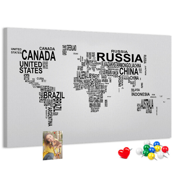 Korková tabuľa Mapa sveta s názvami krajín.