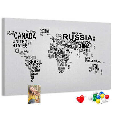 Korková tabuľa Mapa sveta s názvami krajín.