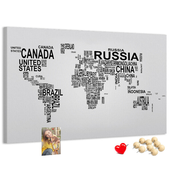 Korková tabuľa Mapa sveta s názvami krajín.