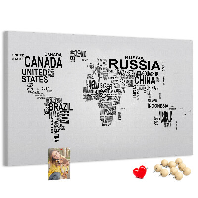 Korková tabuľa Mapa sveta s názvami krajín.