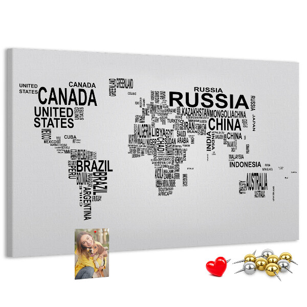 Korková tabuľa Mapa sveta s názvami krajín.
