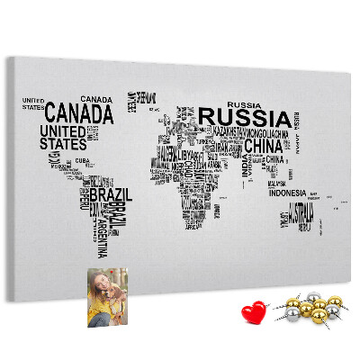 Korková tabuľa Mapa sveta s názvami krajín.