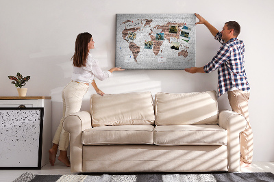 Korková nástenka na stenu Mapa sveta na pozadí tehlovej steny