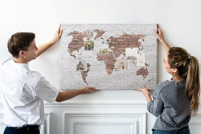 Korková nástenka na stenu Mapa sveta na pozadí tehlovej steny
