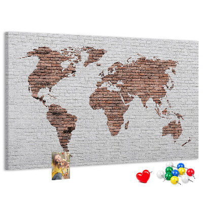 Korková nástenka na stenu Mapa sveta na pozadí tehlovej steny