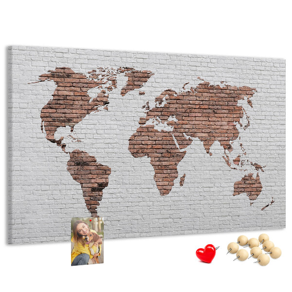 Korková nástenka na stenu Mapa sveta na pozadí tehlovej steny