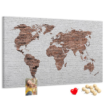 Korková nástenka na stenu Mapa sveta na pozadí tehlovej steny