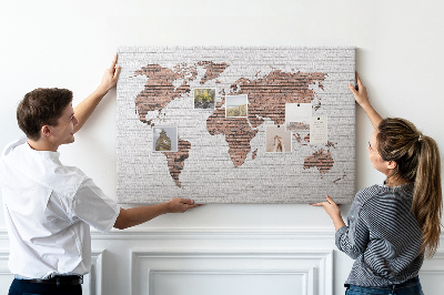 Korková nástenka na stenu Mapa sveta na pozadí tehlovej steny