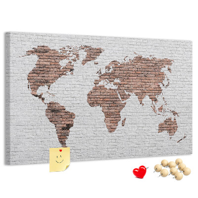Korková nástenka na stenu Mapa sveta na pozadí tehlovej steny