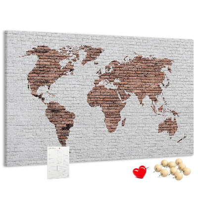 Korková nástenka na stenu Mapa sveta na pozadí tehlovej steny