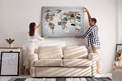 Korková nástenka na stenu Mapa sveta na pozadí tehlovej steny