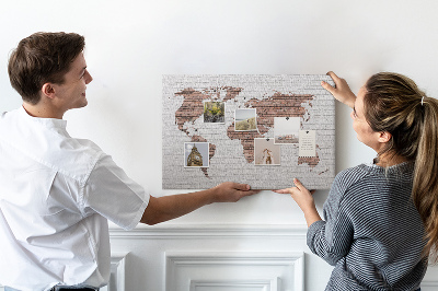 Korková nástenka na stenu Mapa sveta na pozadí tehlovej steny