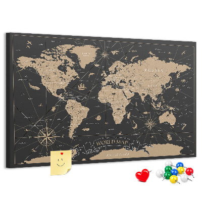 Korková tabuľa Čierna mapa sveta so zlatými akcentmi