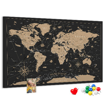 Korková tabuľa Čierna mapa sveta so zlatými akcentmi