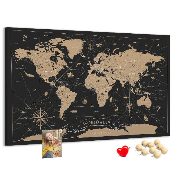 Korková tabuľa Čierna mapa sveta so zlatými akcentmi