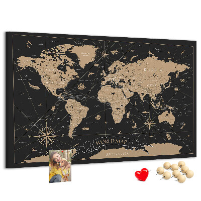Korková tabuľa Čierna mapa sveta so zlatými akcentmi