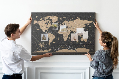 Korková tabuľa Čierna mapa sveta so zlatými akcentmi