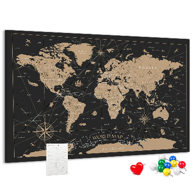 Korková tabuľa Čierna mapa sveta so zlatými akcentmi