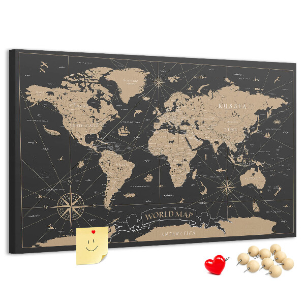 Korková tabuľa Čierna mapa sveta so zlatými akcentmi
