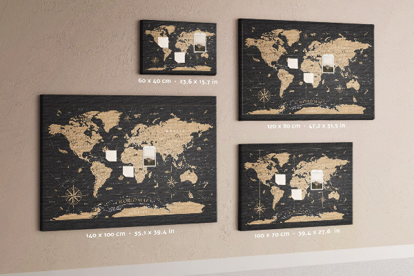 Korková tabuľa Čierna mapa sveta so zlatými akcentmi