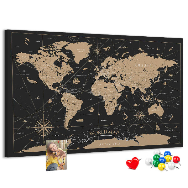 Korková tabuľa Čierna mapa sveta so zlatými akcentmi
