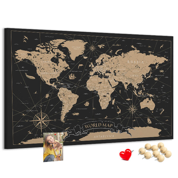 Korková tabuľa Čierna mapa sveta so zlatými akcentmi