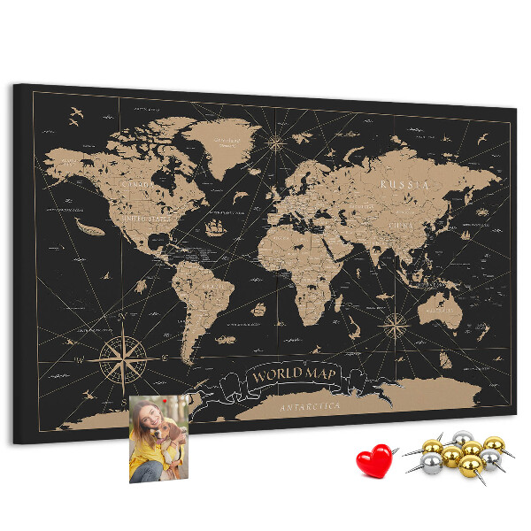 Korková tabuľa Čierna mapa sveta so zlatými akcentmi