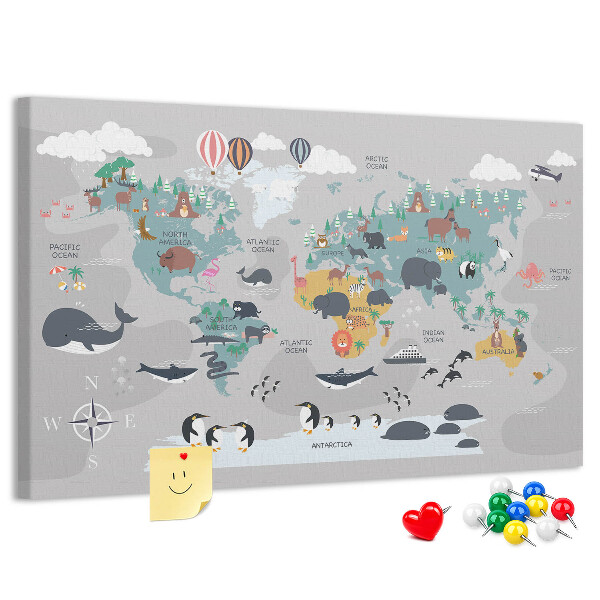 Korková tabuľa Mapa sveta s ilustráciami zvierat.
