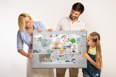 Korková tabuľa Mapa sveta s ilustráciami zvierat.