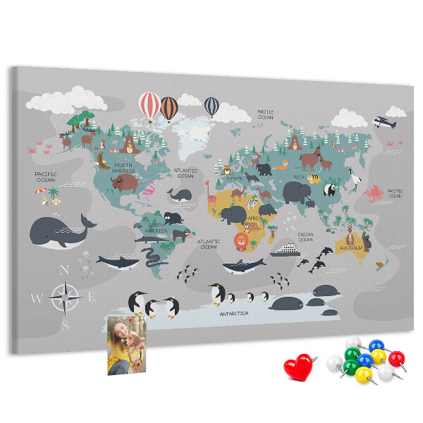 Korková tabuľa Mapa sveta s ilustráciami zvierat.