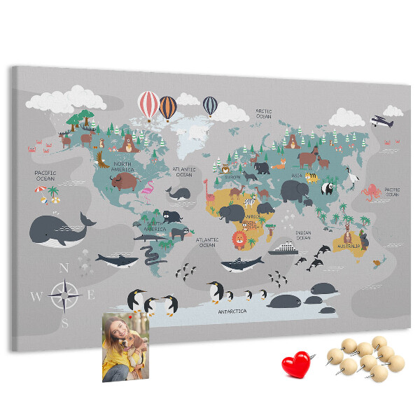 Korková tabuľa Mapa sveta s ilustráciami zvierat.