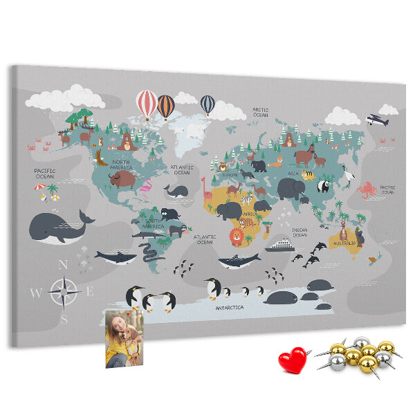 Korková tabuľa Mapa sveta s ilustráciami zvierat.