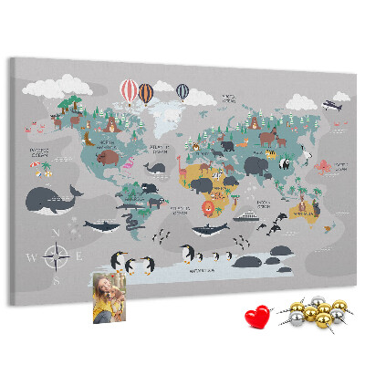 Korková tabuľa Mapa sveta s ilustráciami zvierat.