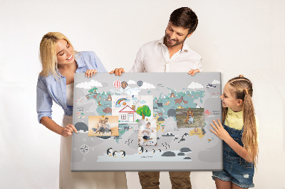 Korková tabuľa Mapa sveta s ilustráciami zvierat.