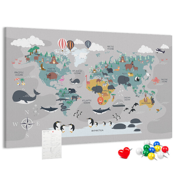 Korková tabuľa Mapa sveta s ilustráciami zvierat.