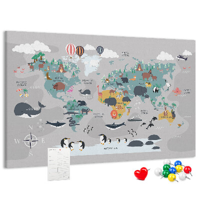 Korková tabuľa Mapa sveta s ilustráciami zvierat.