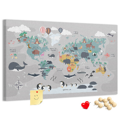 Korková tabuľa Mapa sveta s ilustráciami zvierat.