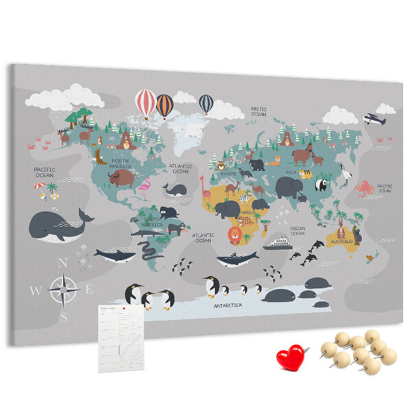 Korková tabuľa Mapa sveta s ilustráciami zvierat.