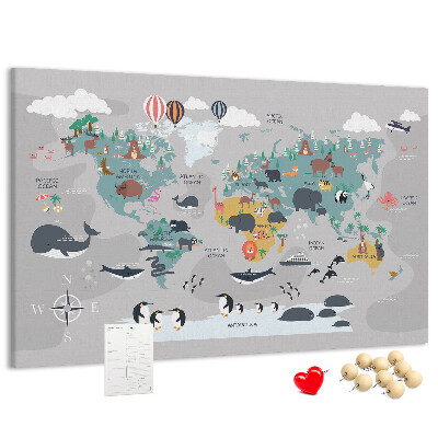 Korková tabuľa Mapa sveta s ilustráciami zvierat.