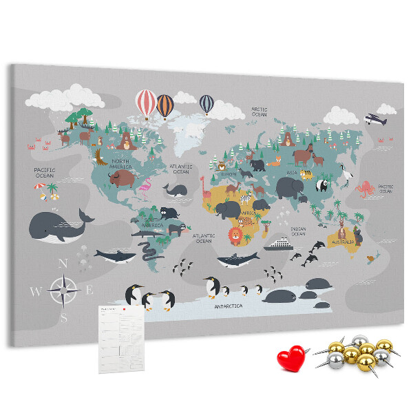 Korková tabuľa Mapa sveta s ilustráciami zvierat.