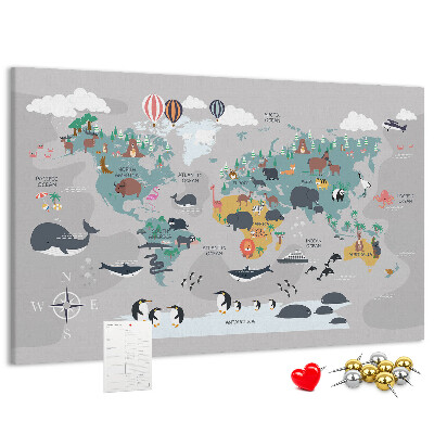 Korková tabuľa Mapa sveta s ilustráciami zvierat.