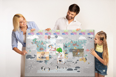 Korková tabuľa Mapa sveta s ilustráciami zvierat.