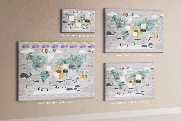 Korková tabuľa Mapa sveta s ilustráciami zvierat.
