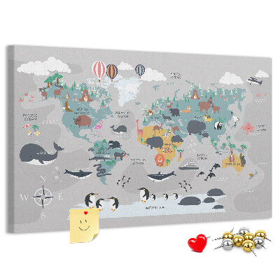 Korková tabuľa Mapa sveta s ilustráciami zvierat.