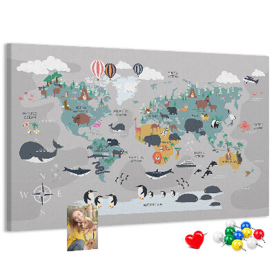 Korková tabuľa Mapa sveta s ilustráciami zvierat.