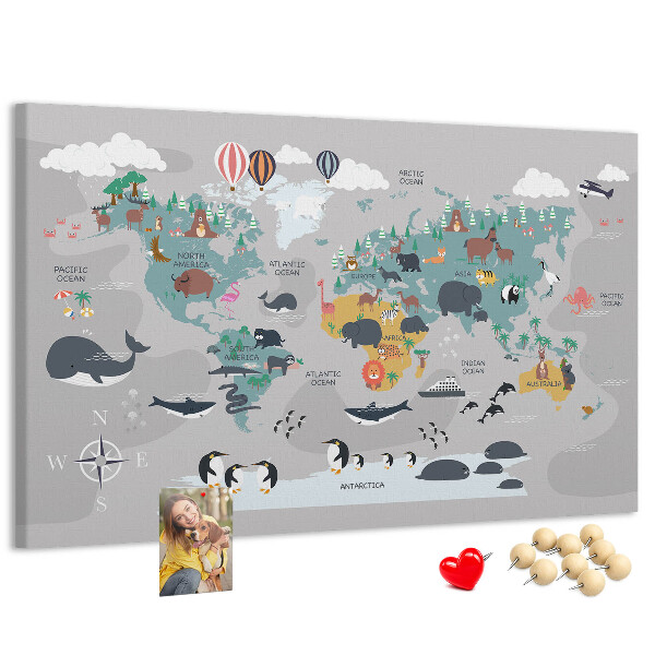 Korková tabuľa Mapa sveta s ilustráciami zvierat.