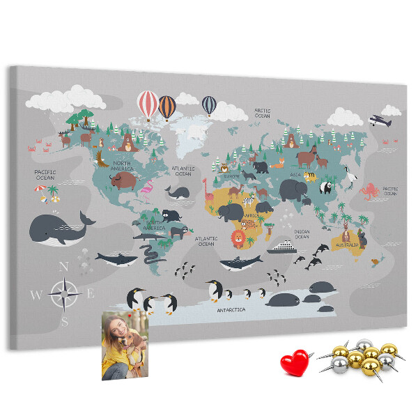 Korková tabuľa Mapa sveta s ilustráciami zvierat.